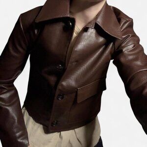 NWT Jason Wu Croc Embossed Vegan Faux Leather Jacket Women's Size L Shiny Brown